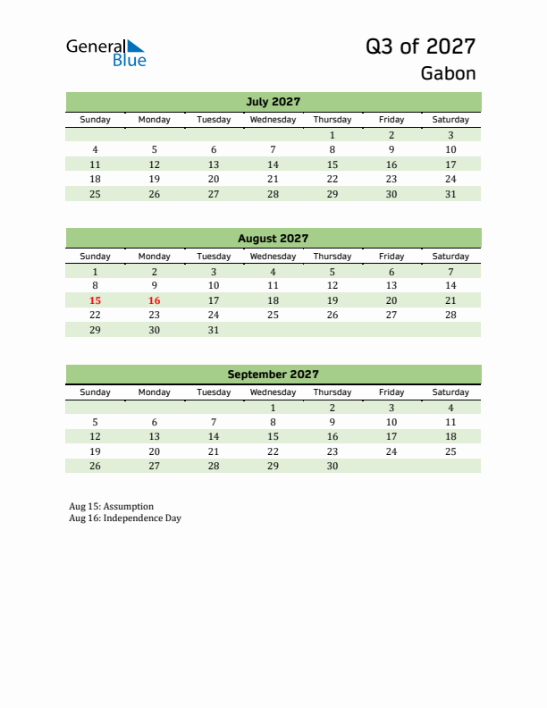 Quarterly Calendar 2027 with Gabon Holidays