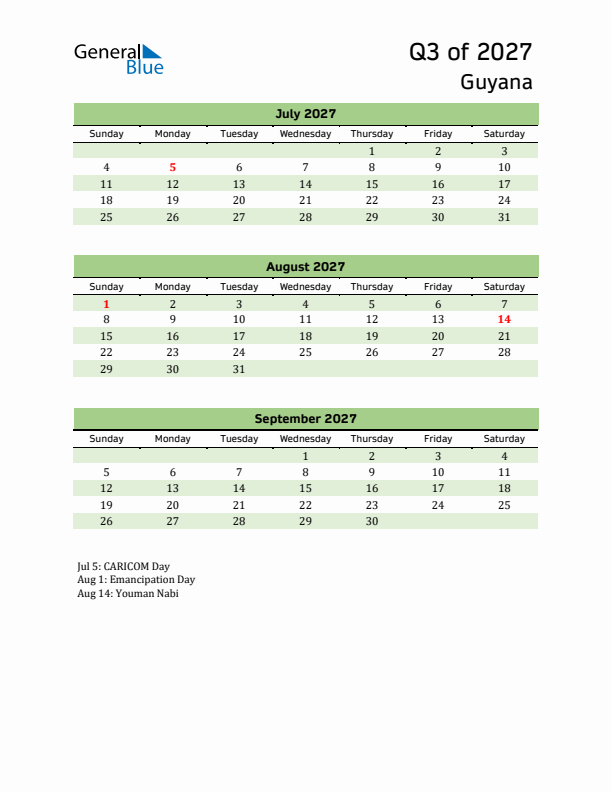 Quarterly Calendar 2027 with Guyana Holidays