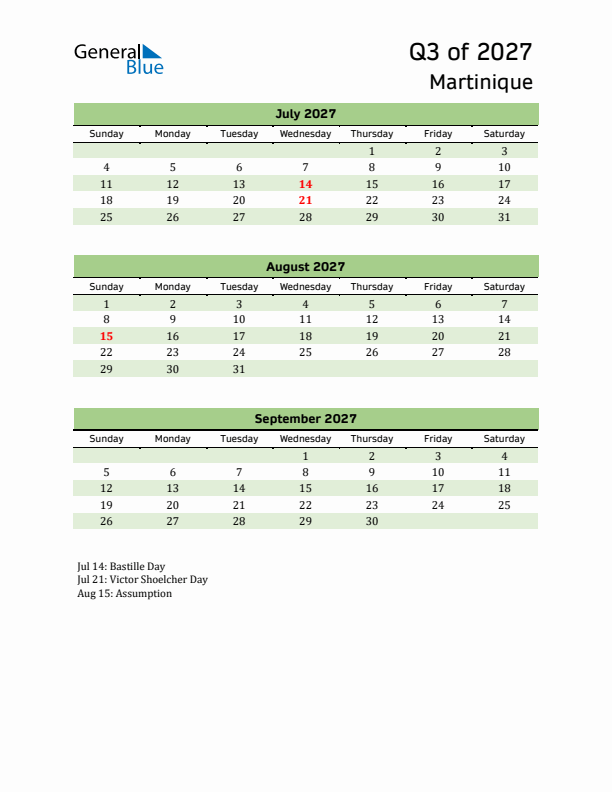 Quarterly Calendar 2027 with Martinique Holidays