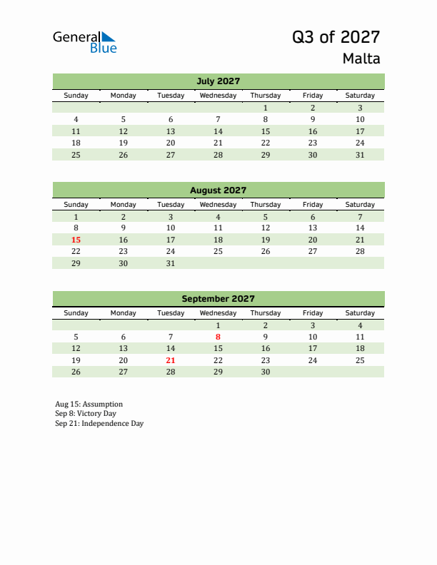 Quarterly Calendar 2027 with Malta Holidays