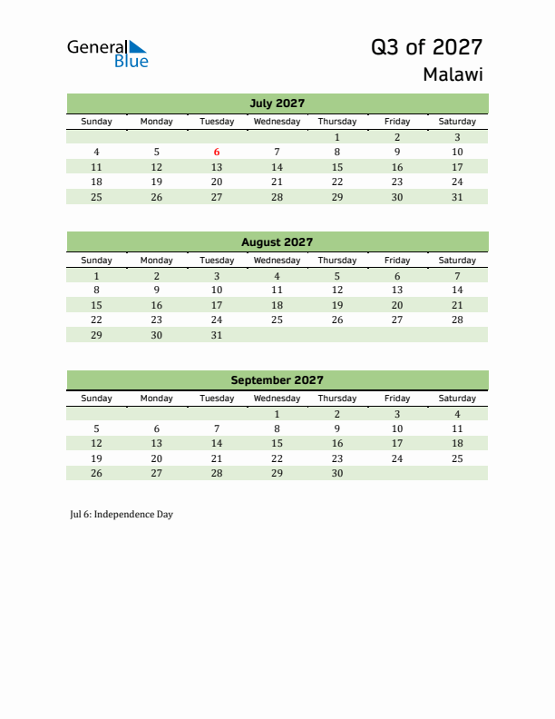 Quarterly Calendar 2027 with Malawi Holidays