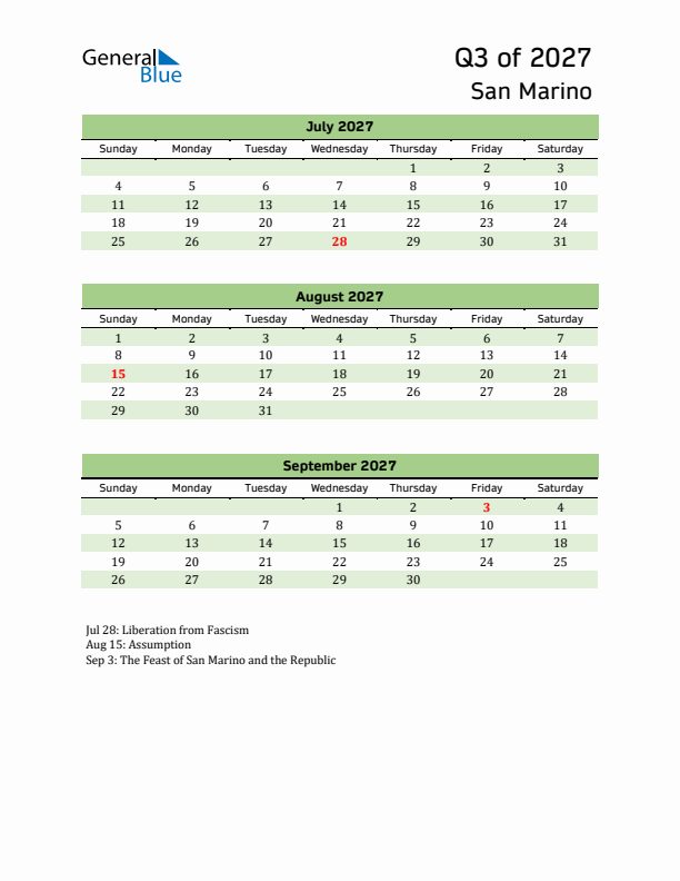Quarterly Calendar 2027 with San Marino Holidays