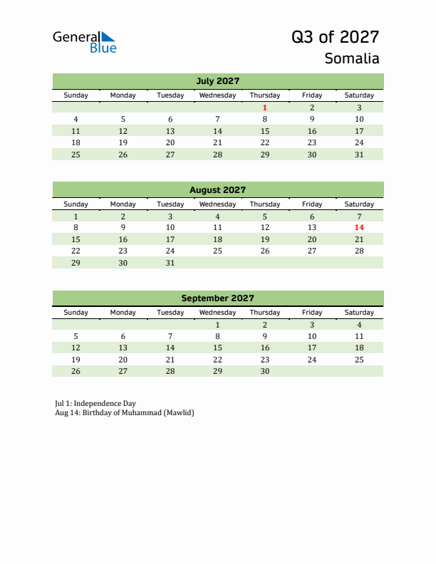 Quarterly Calendar 2027 with Somalia Holidays