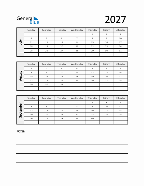 Q3 2027 Calendar with Notes