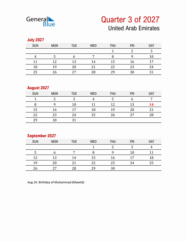 Printable Three Month Calendar with United Arab Emirates Holidays