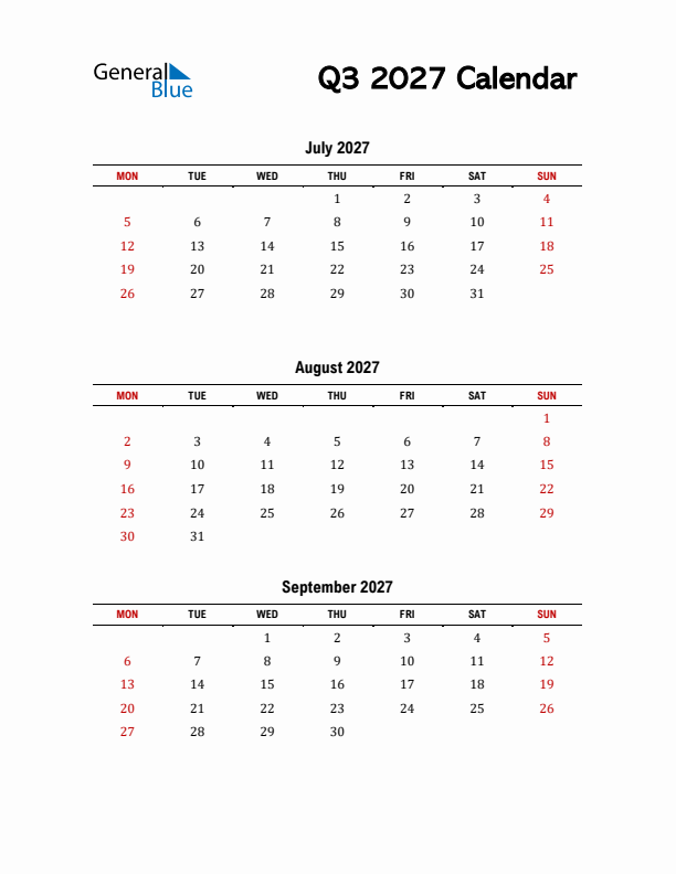 2027 Q3 Calendar with Red Weekend