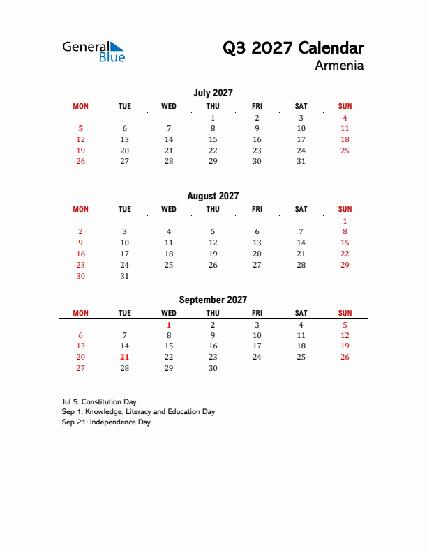 2027 Q3 Calendar with Holidays List for Armenia