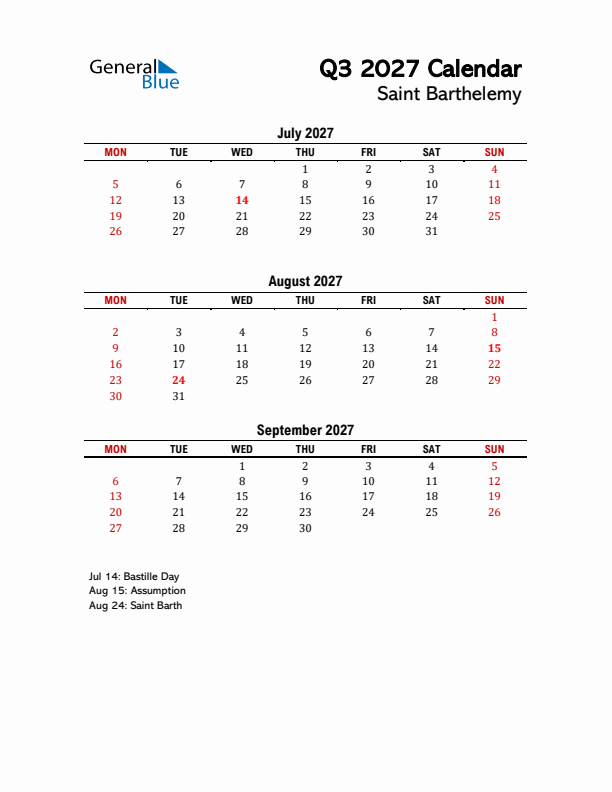 2027 Q3 Calendar with Holidays List for Saint Barthelemy