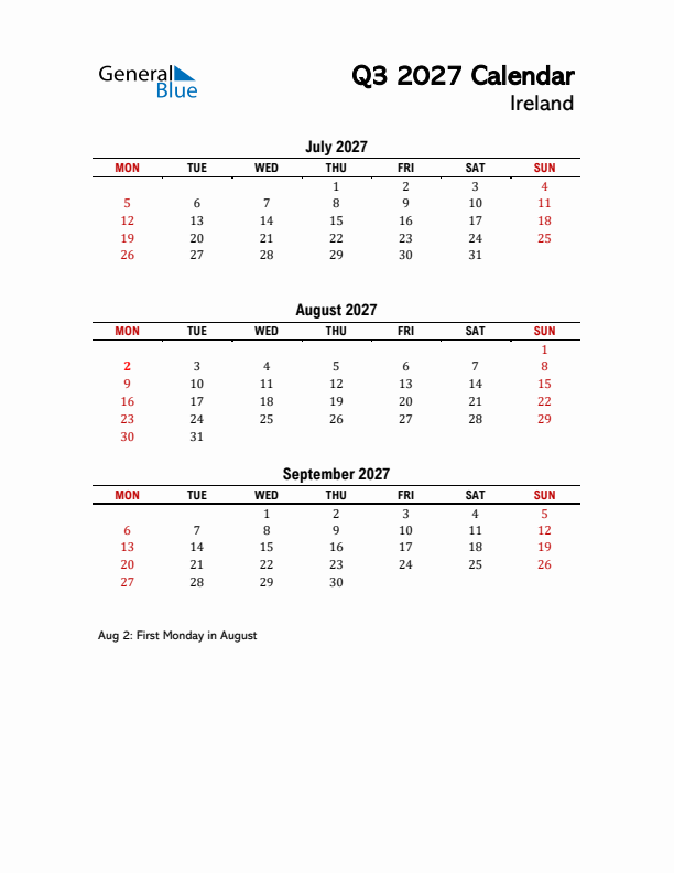 2027 Q3 Calendar with Holidays List for Ireland