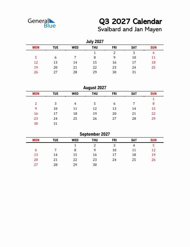 2027 Q3 Calendar with Holidays List for Svalbard and Jan Mayen