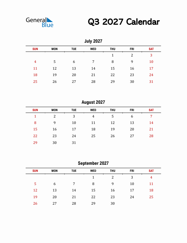 2027 Q3 Calendar with Red Weekend