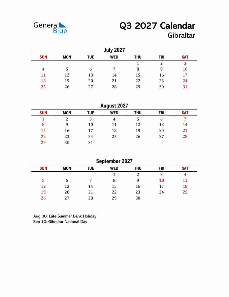 2027 Q3 Calendar with Holidays List for Gibraltar