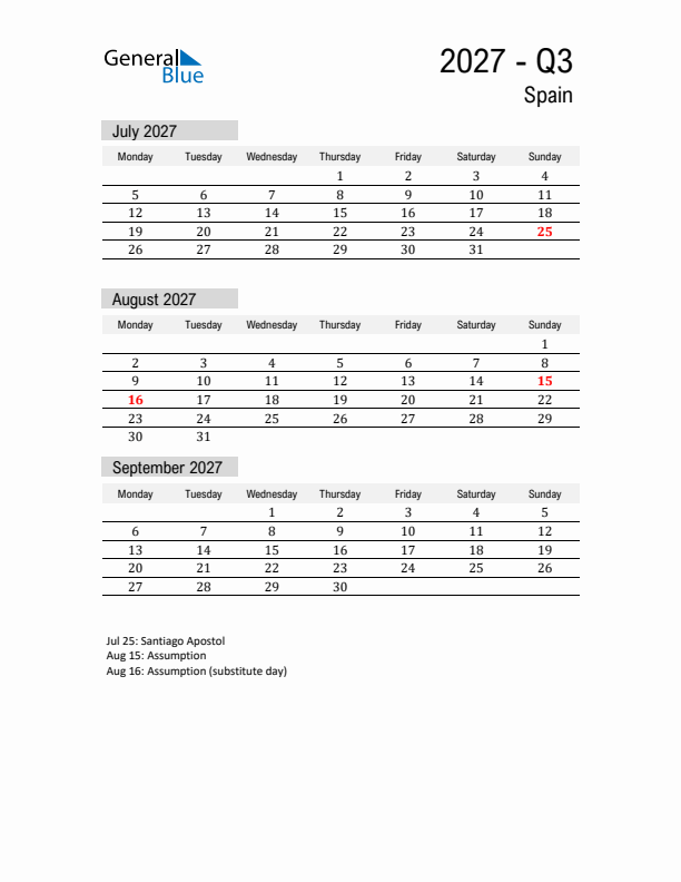 Spain Quarter 3 2027 Calendar with Holidays