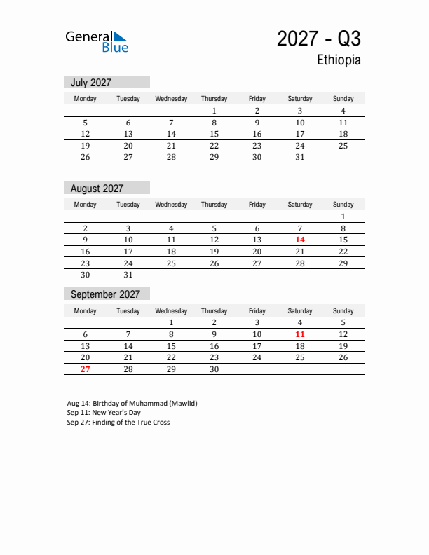 Ethiopia Quarter 3 2027 Calendar with Holidays