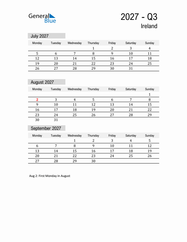 Ireland Quarter 3 2027 Calendar with Holidays