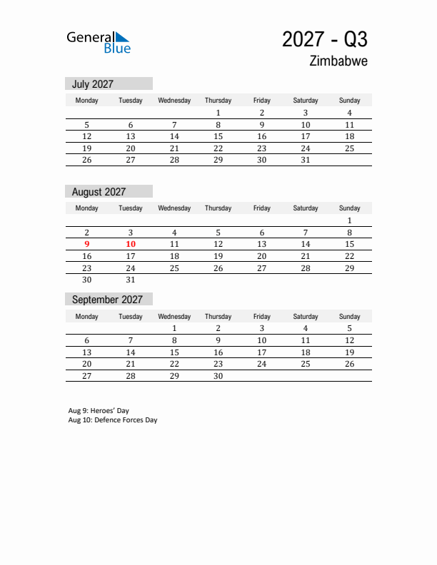 Zimbabwe Quarter 3 2027 Calendar with Holidays