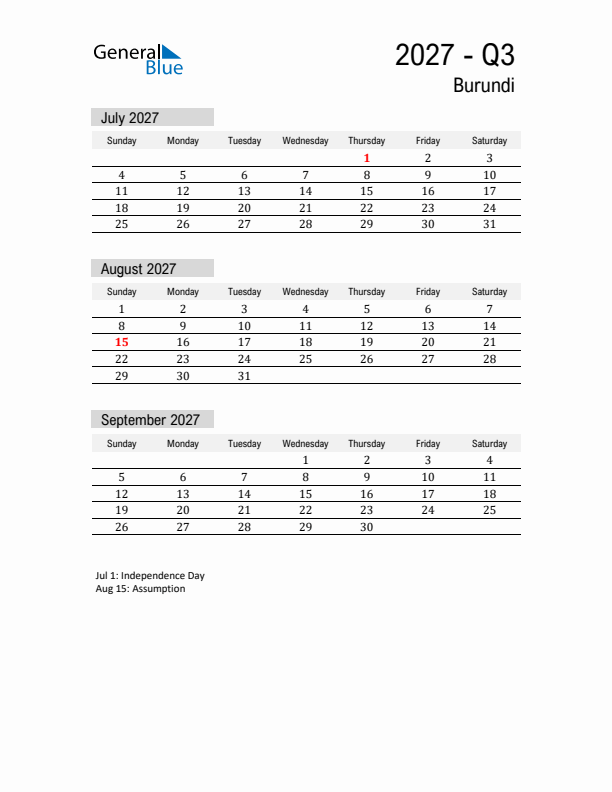 Burundi Quarter 3 2027 Calendar with Holidays
