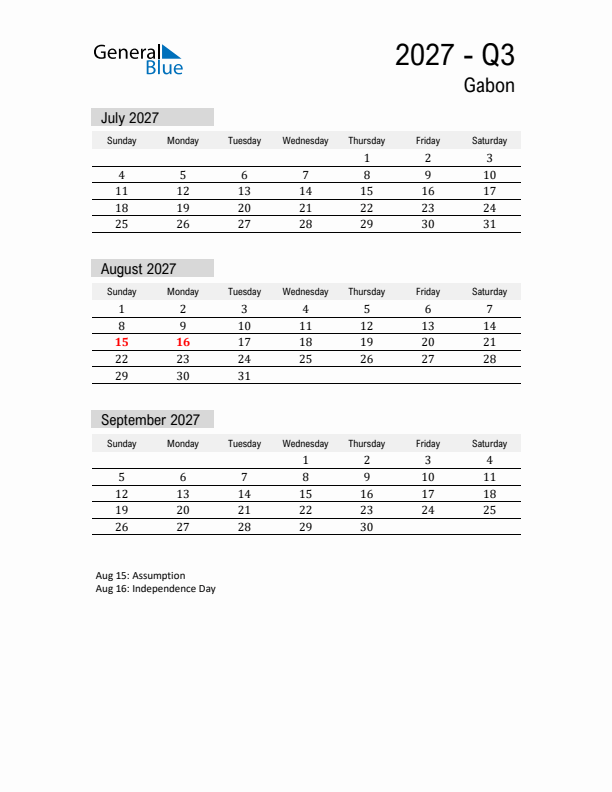 Gabon Quarter 3 2027 Calendar with Holidays