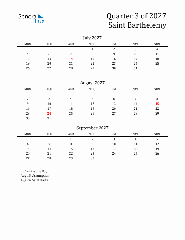 Quarter 3 2027 Saint Barthelemy Quarterly Calendar
