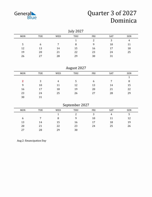 Quarter 3 2027 Dominica Quarterly Calendar