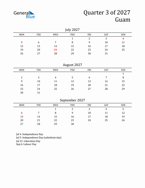 Quarter 3 2027 Guam Quarterly Calendar