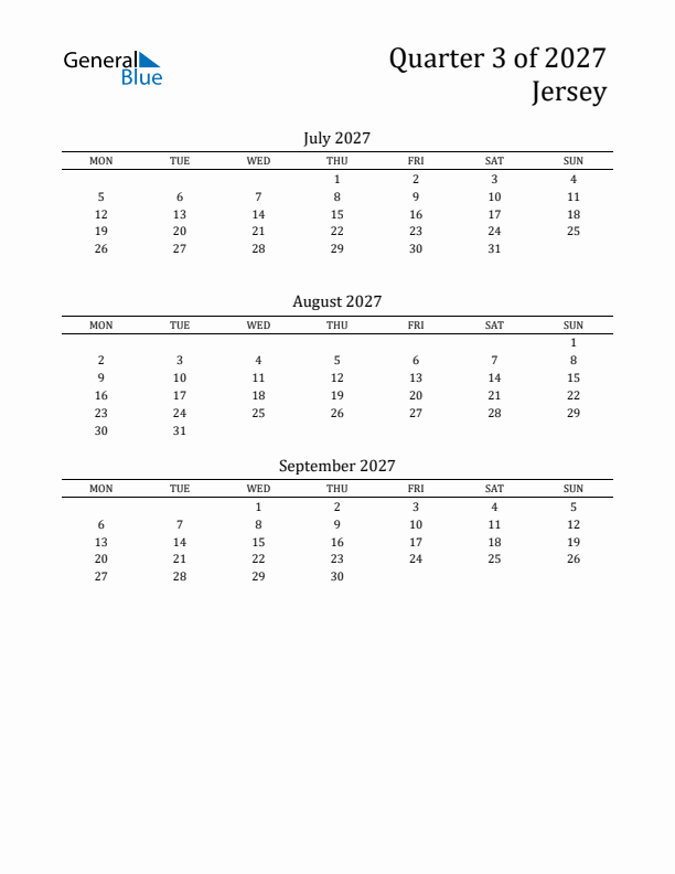 Quarter 3 2027 Jersey Quarterly Calendar