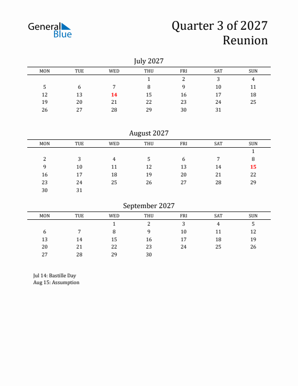 Quarter 3 2027 Reunion Quarterly Calendar