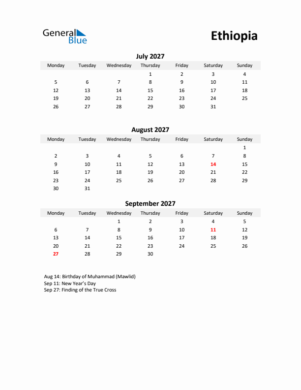 Printable Quarterly Calendar with Notes and Ethiopia Holidays- Q3 of 2027