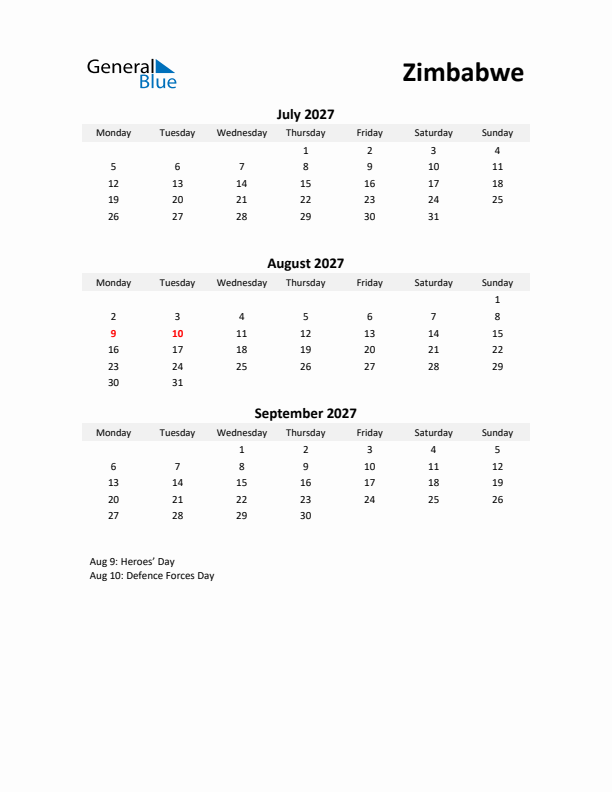 Printable Quarterly Calendar with Notes and Zimbabwe Holidays- Q3 of 2027