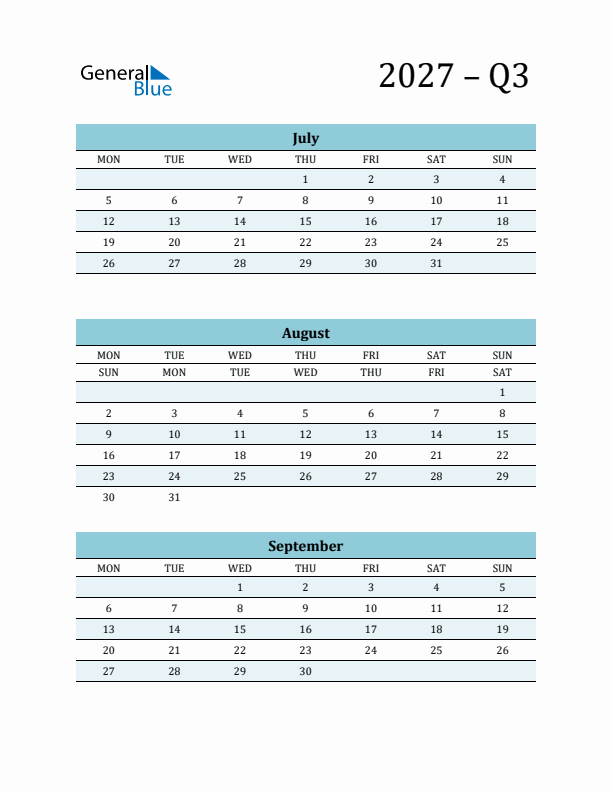July, August, and September 2027 Calendar
