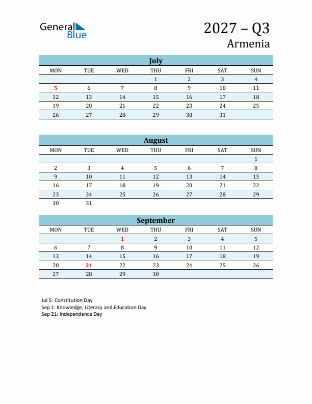 Three-Month Planner for Q3 2027 with Holidays - Armenia