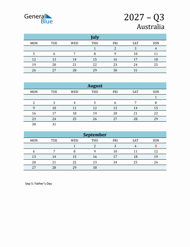 Three-Month Planner for Q3 2027 with Holidays - Australia