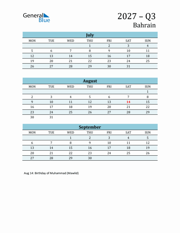Three-Month Planner for Q3 2027 with Holidays - Bahrain