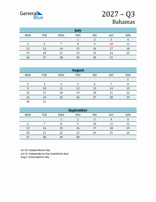 Three-Month Planner for Q3 2027 with Holidays - Bahamas