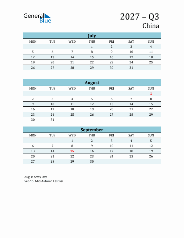 Three-Month Planner for Q3 2027 with Holidays - China