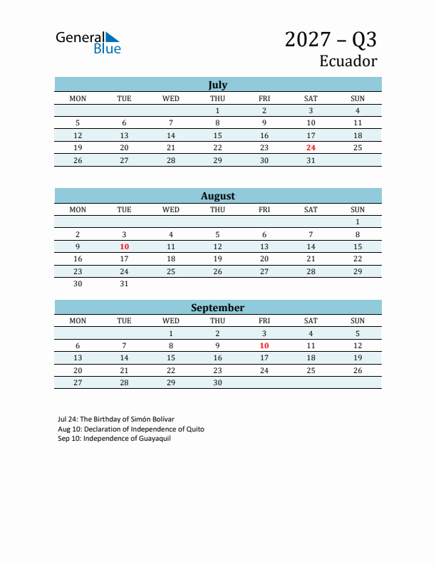 Three-Month Planner for Q3 2027 with Holidays - Ecuador