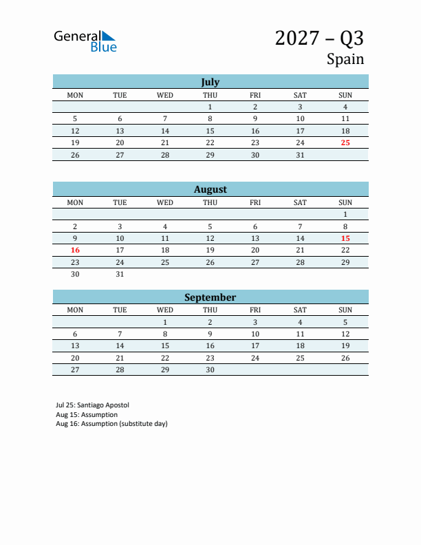 Three-Month Planner for Q3 2027 with Holidays - Spain
