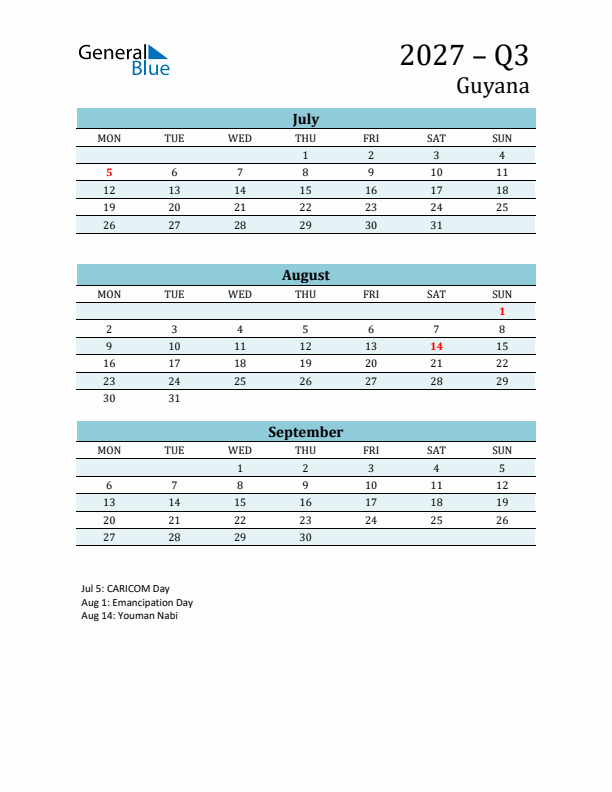 Three-Month Planner for Q3 2027 with Holidays - Guyana