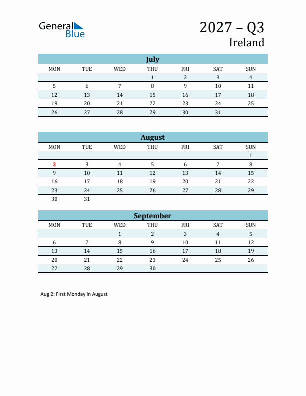 Three-Month Planner for Q3 2027 with Holidays - Ireland