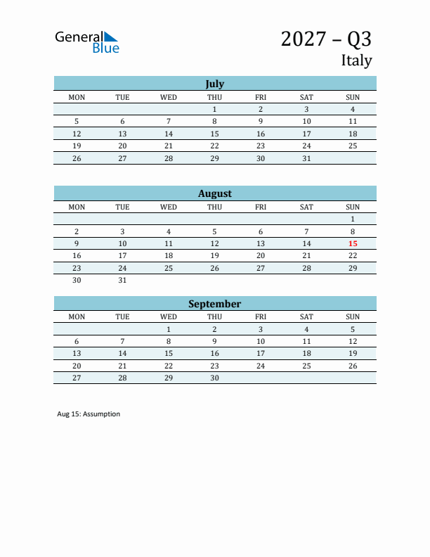 Three-Month Planner for Q3 2027 with Holidays - Italy