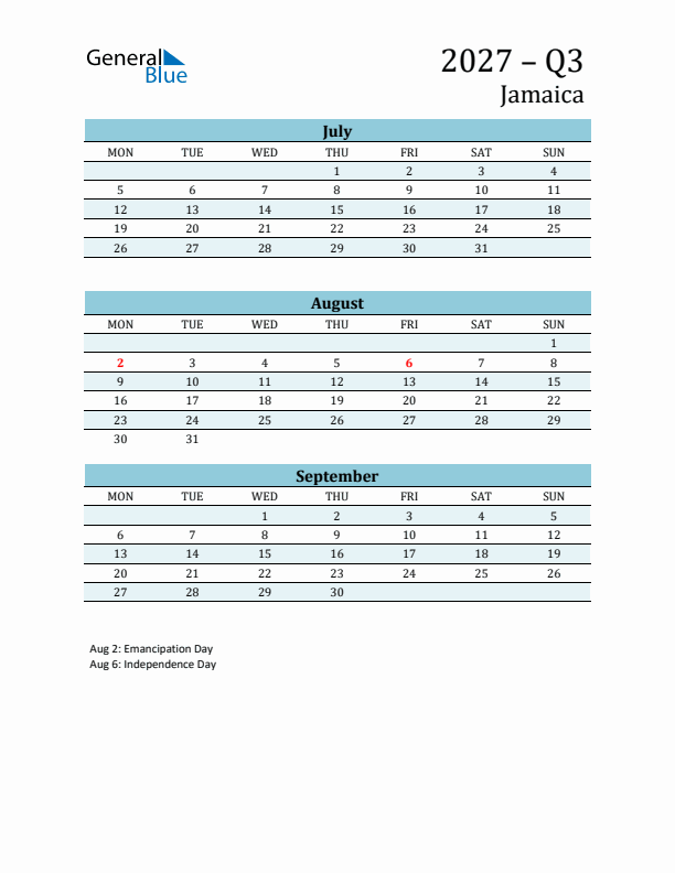 Three-Month Planner for Q3 2027 with Holidays - Jamaica