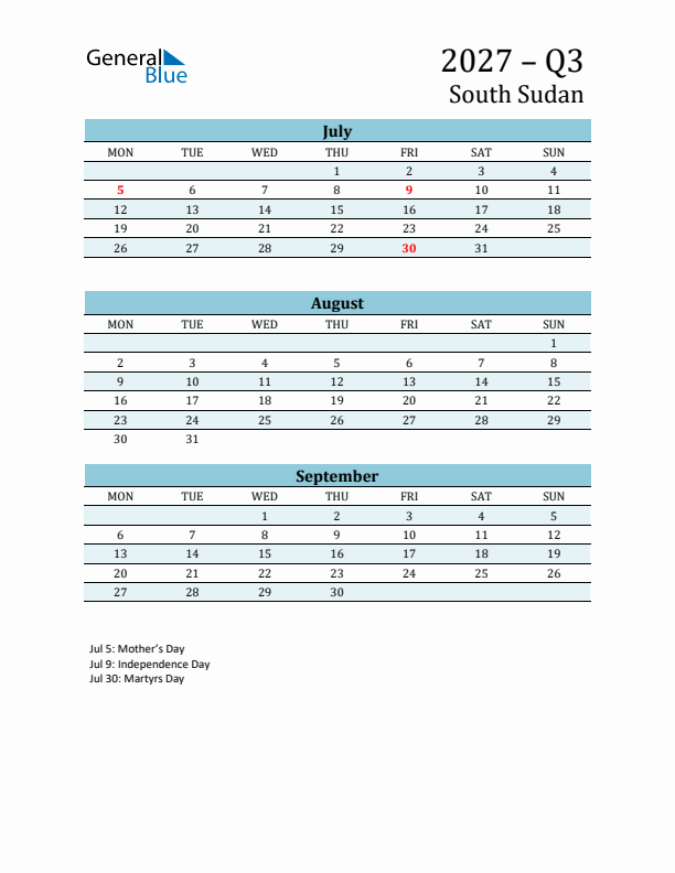 Three-Month Planner for Q3 2027 with Holidays - South Sudan
