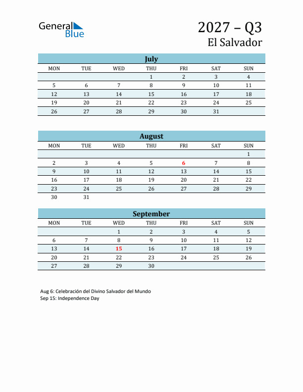 Three-Month Planner for Q3 2027 with Holidays - El Salvador