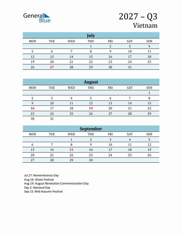 Three-Month Planner for Q3 2027 with Holidays - Vietnam