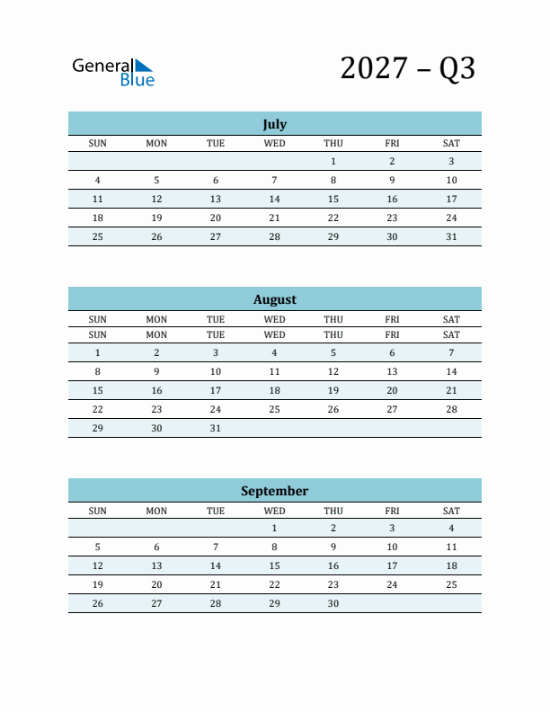 July, August, and September 2027 Calendar