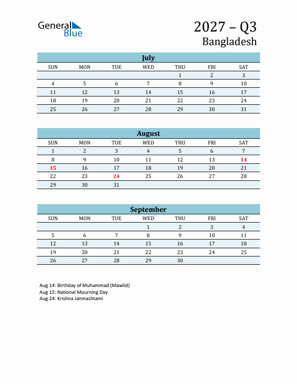 Three-Month Planner for Q3 2027 with Holidays - Bangladesh
