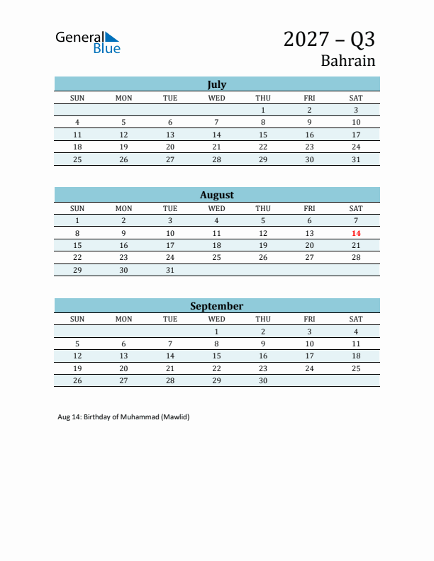Three-Month Planner for Q3 2027 with Holidays - Bahrain
