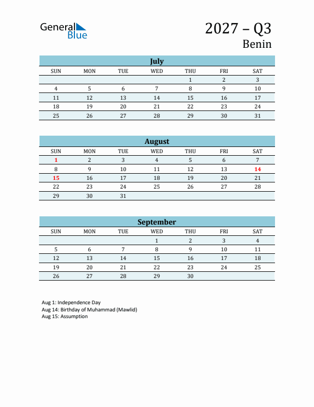 Three-Month Planner for Q3 2027 with Holidays - Benin