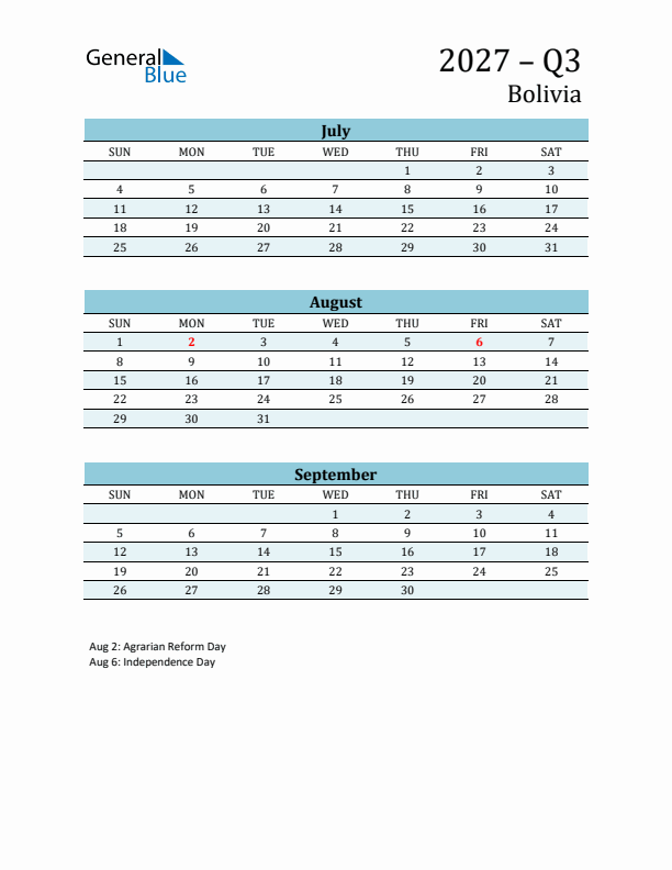Three-Month Planner for Q3 2027 with Holidays - Bolivia