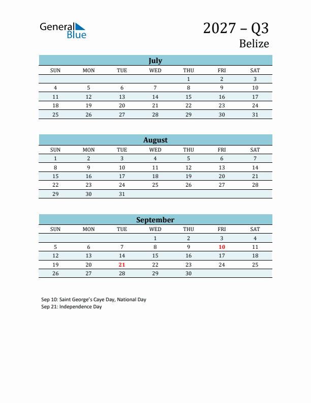 Three-Month Planner for Q3 2027 with Holidays - Belize